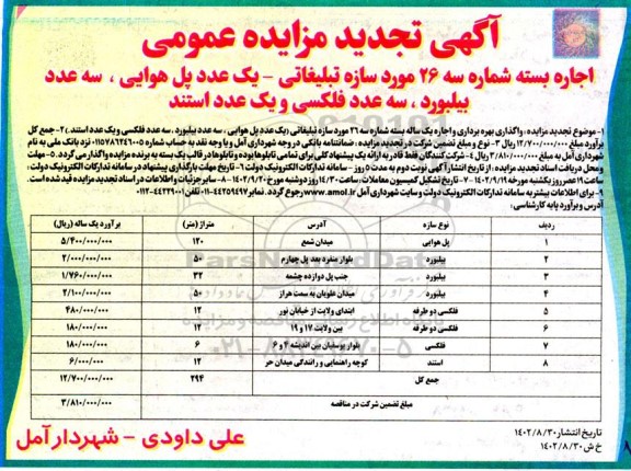 تجدید مزایده اجاره بسته شماره سه 26 مورد سازه تبلیغاتی- یک عدد پل هوایی، سه عدد بیلبورد ، سه عدد فلکسی و یک عدد استند 
