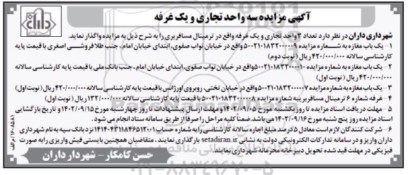 مزایده سه واحد تجاری و یک غرفه