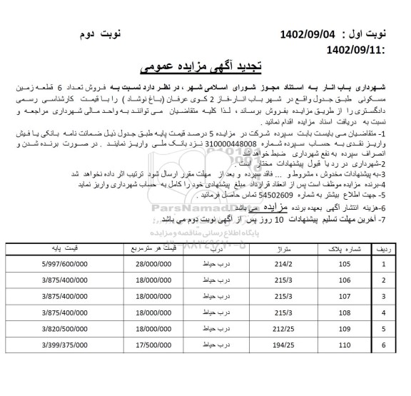تجدید مزایده فروش تعداد 6 قطعه زمین مسکونی