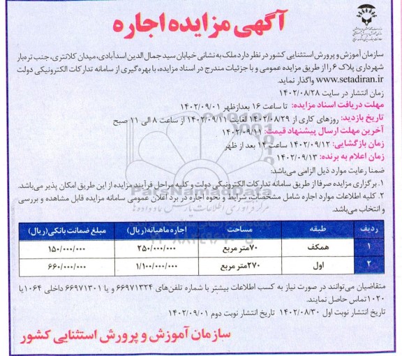 مزایده اجاره ملک