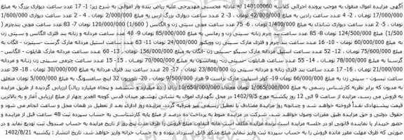 آگهی مزایده عدد ساعت دیواری بزرگ و غیره ....