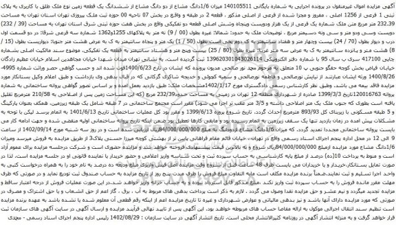 آگهی مزایده میزان 1/6دانگ مشاع از دو دانگ مشاع از ششدانگ یک قطعه زمین نوع ملک طلق با کاربری به پلاک ثبتی 1 فرعی از 1256 اصلی