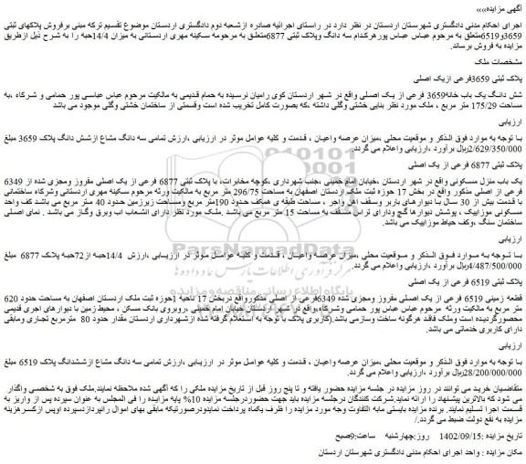 مزایده فروش یک باب منزل مسکونی با پلاک ثبتی 6877 فرعی از یک اصلی مفروز ومجزی شده از 6349 فرعی از اصلی