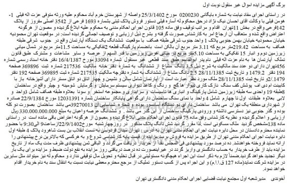 مزایده فروش ششدانگ یک دستگاه آپارتمان