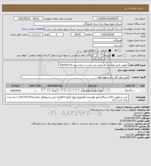 استعلام تعویض کنتور هوشمند کشاورزی پارسیان به شماره پروژه 420230170