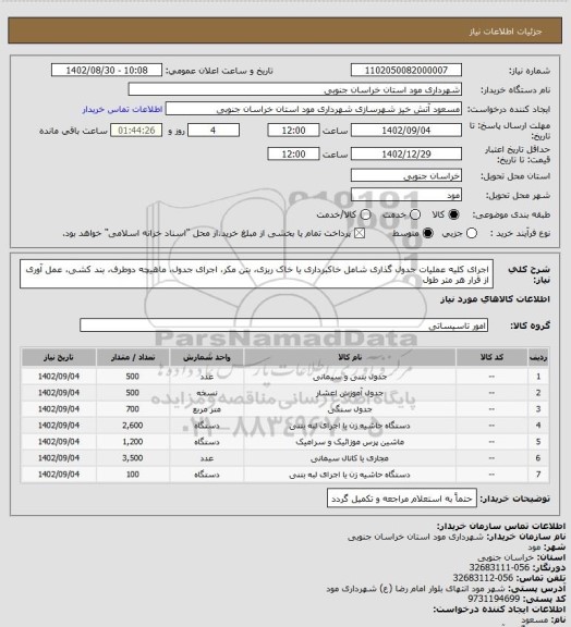 استعلام اجرای کلیه عملیات جدول گذاری شامل خاکبرداری یا خاک ریزی، بتن مکر، اجرای جدول، ماهیچه دوطرف، بند کشی، عمل آوری از قرار هر متر طول