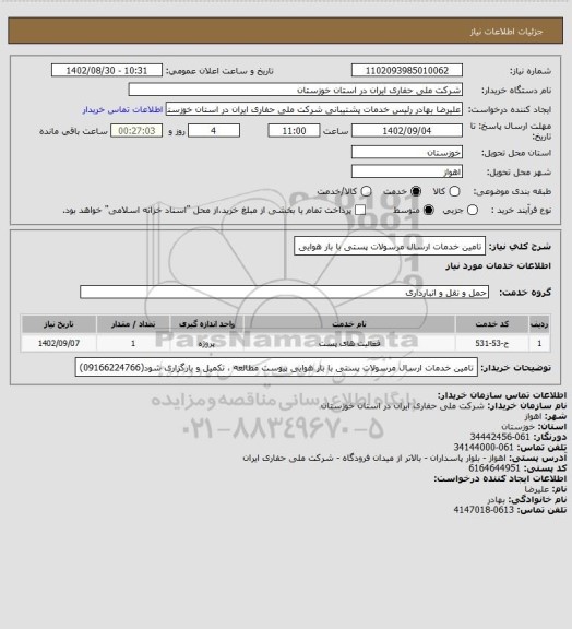 استعلام تامین خدمات ارسال مرسولات پستی با بار هوایی