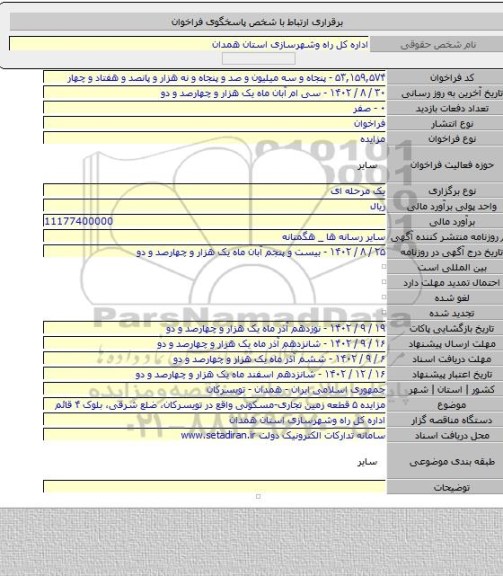 مزایده, مزایده ۵ قطعه زمین تجاری-مسکونی واقع در تویسرکان، ضلع شرقی، بلوک ۴ قائم