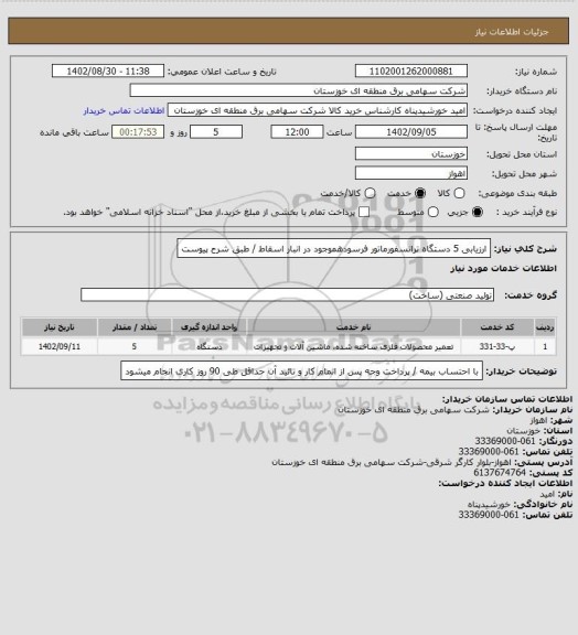 استعلام ارزیابی 5 دستگاه ترانسفورماتور فرسودهموجود در انبار اسقاط / طبق شرح پیوست
