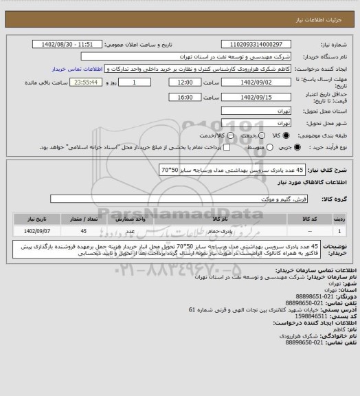 استعلام 45 عدد پادری سرویس بهداشتی مدل ورساچه سایز 50*70
