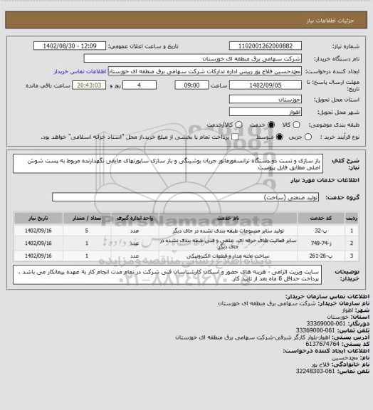 استعلام باز سازی و تست دو دستگاه ترانسفورماتور جریان بوشینگی و باز سازی ساپورتهای عایقی نگهدارنده مربوط به پست شوش اصلی مطابق فایل پیوست