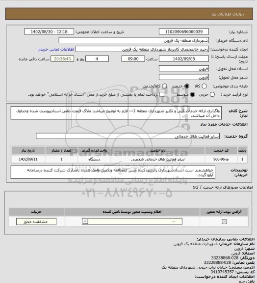 استعلام واگذاری ارائه خدمات کپی و تکثیر شهرداری منطقه 1--- لازم به توضیح میباشد ملاک قیمت دهی اسنادپیوست شده وجداول داخل آن میباشد.