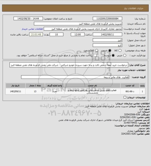 استعلام درخواست خرید بیمه شخص ثالث و بدنه جهت سیزده خودرو شرکتی - شرکت ملی پخش فرآورده های نفتی منطقه البرز