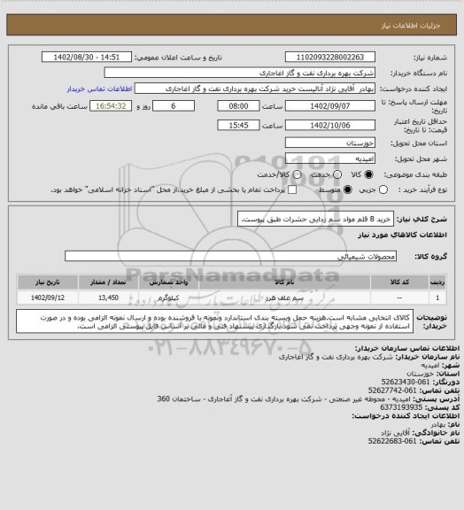 استعلام خرید 8 قلم مواد سم زدایی حشرات طبق پیوست.