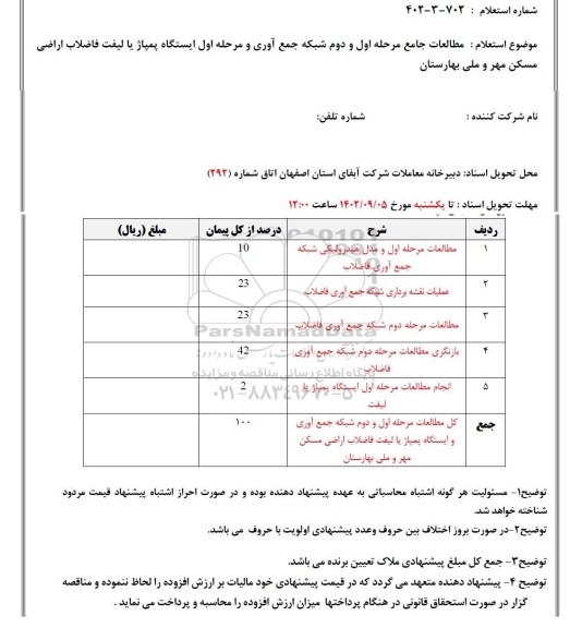 استعلام مطالعات مرحله اول و مدل هیدرولیکی شبکه جمع آوری فاضلاب ...
