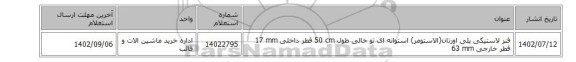 فنر لاستیکی پلی اورتان(الاستومر) استوانه ای تو خالی طول 50 cm قطر داخلی 17 mm قطر خارجی 63 mm