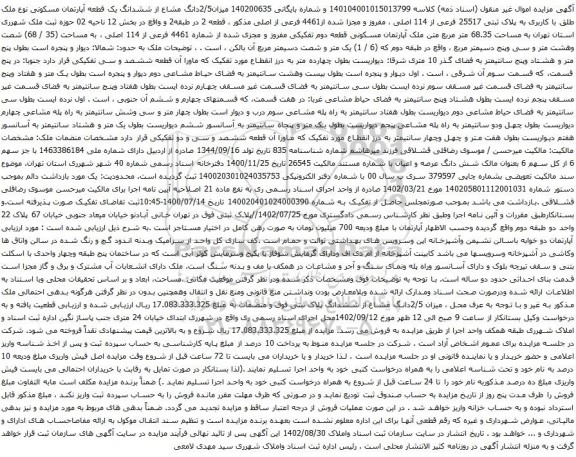 آگهی مزایده میزان2/5دانگ مشاع از ششدانگ یک قطعه آپارتمان مسکونی نوع ملک طلق با کاربری به پلاک ثبتی 25517 فرعی از 114 اصلی