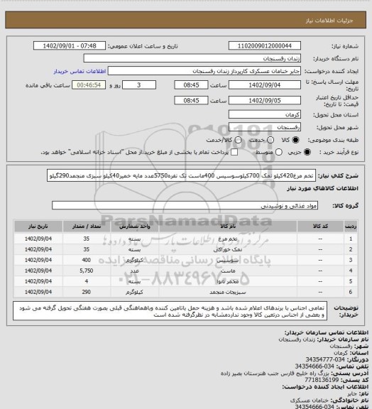 استعلام تخم مرغ420کیلو نمک 700کیلوسوسیس 400ماست تک نفره5750عدد مایه خمیر40کیلو سبزی منجمد290گیلو