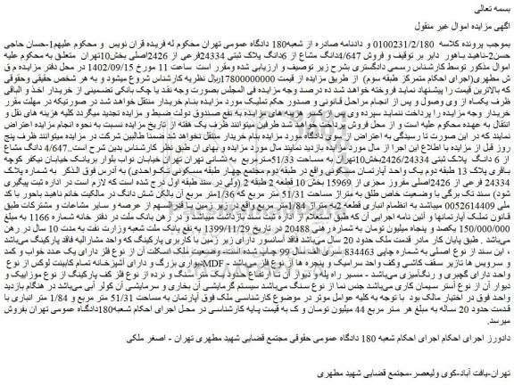 مزایده فروش 4/647دانگ مشاع از 6دانگ پلاک ثبتی 24334فرعی از 2426اصلی