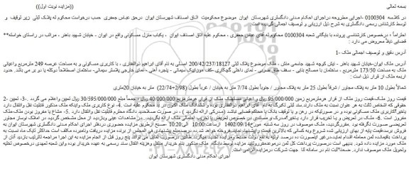 مزایده فروش ملک با کاربری مسکونی و به مساحت عرصه 249 مترمربع واعیانی ملک به مساحت 173/50 مترمربع