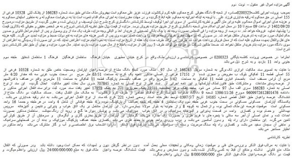 مزایده فروش 6 دانگ مشاع از عرصه واعیان اپارتمان وضعیت خاص طلق به شماره 10328 فرعی از 55 اصلی