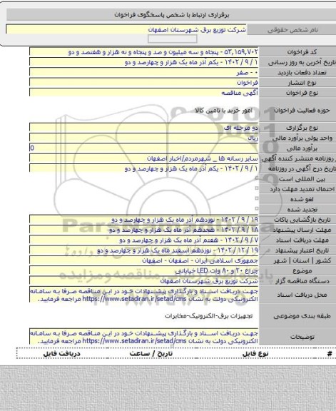 مناقصه, چراغ ۲۰ و ۸۰ وات LED خیابانی
