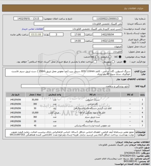 استعلام سرنگ انسولین ،گان جراحی ، کاغذ ECG 110mm ،سپتی پرپ (ضد عفونی محل تزریق 250m ) ،ست تزریق سرم ،لانست خونگیری ،سایا سپت HI پنج لیتری