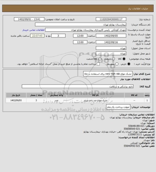 استعلام تشک مواج very high risk  برای استفاده در icu