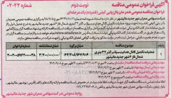  فراخوان مناقصه عملیات تکمیل کانال هدایت سیلاب گذر 32 متری شمال فاز 6 شهر جدید....نوبت دوم