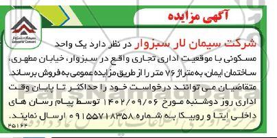 مزایده فروش یک واحد مسکونی با موقعیت اداری ، تجاری 76 متر