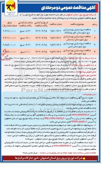 مناقصه مناقصه برونسپاری بهره برداری برق شهرستان ...