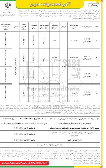 مزایده واگذاری چهار قطعه زمین با کاربری تجاری