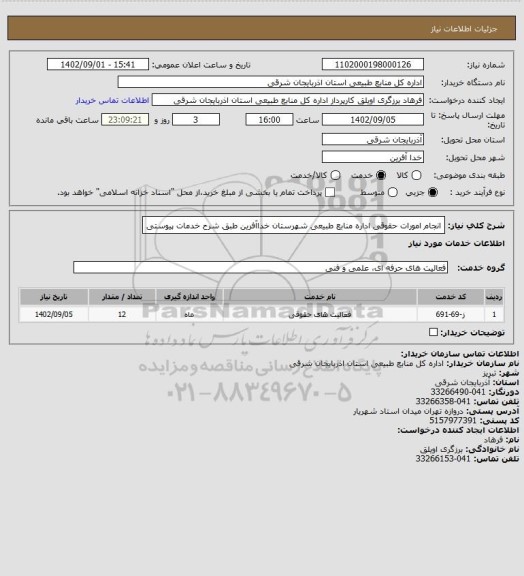 استعلام انجام امورات حقوقی اداره منابع طبیعی شهرستان خداآفرین طبق شرح خدمات پیوستی