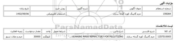 استعلام الکترونیکی، جرم گانینگ کوره گندله سازی