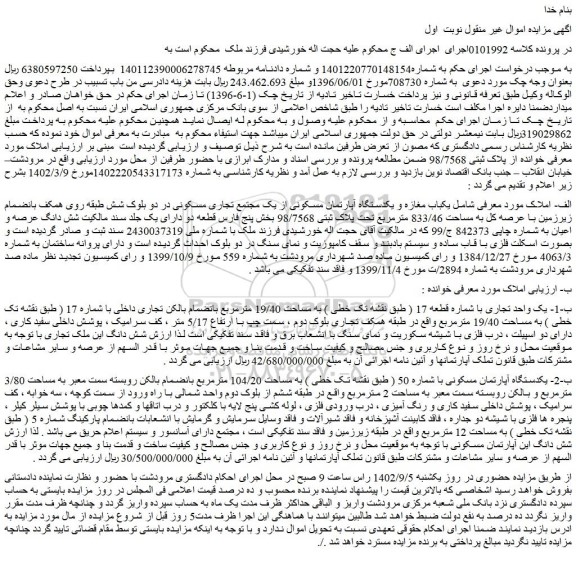 مزایده فروش یکباب مغازه و یکدستگاه آپارتمان مسکونی از یک مجتمع تجاری مسکونی