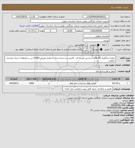 استعلام تخلیه و بارگیری کالا های اساسی کیسه ای ، کارتنی و یا بسته بندی به مقدار تقریبی 13000 تن در انبارهای استان خراسان جنوبی .