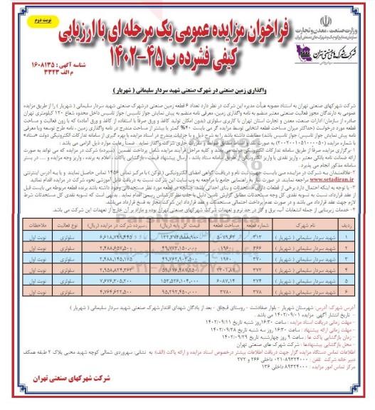 مزایده عمومی واگذاری تعداد 6 قطعه زمین صنعتی - نوبت دوم 