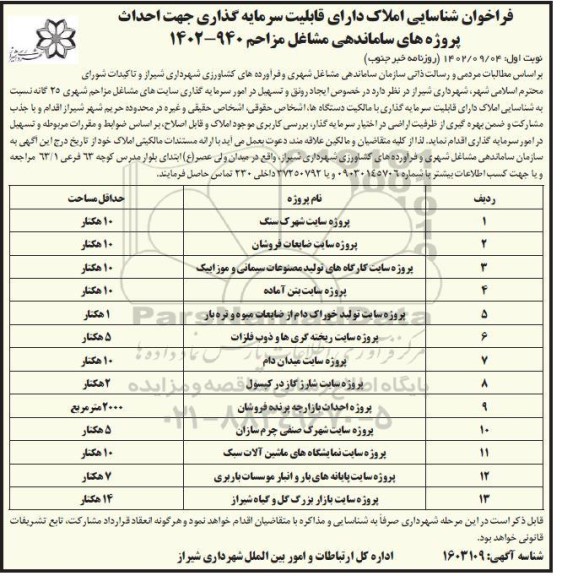 فراخوان شناسایی املاک دارای قابلیت سرمایه گذاری جهت احداث پروژه های ساماندهی مشاغل مزاحم