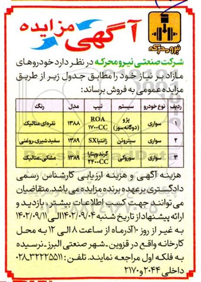 مزایده  فروش خودرو سواری پژو - سیتروئن و سوزوکی 
