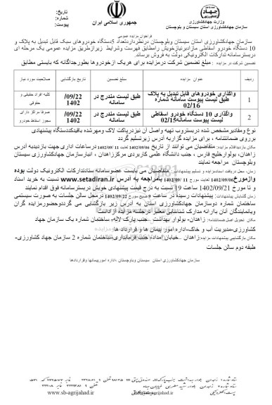 مزایده فروش تعداد 6 دستگاه خودروهای سبک قابل تبدیل به پلاک و 10 دستگاه خودرو اسقاطی