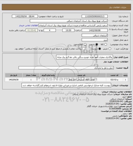 استعلام واگذاری عملیات امور نقلیه خودرو سنگین بالابر خط گرم برق میانه