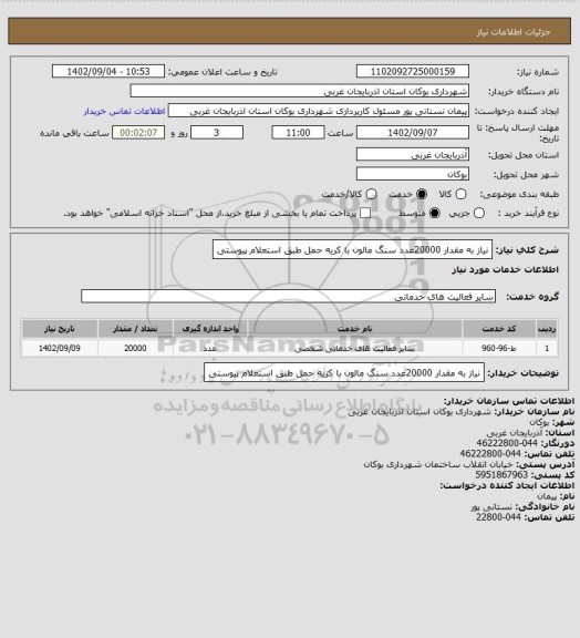استعلام نیاز به مقدار 20000عدد سنگ مالون با کریه حمل طبق استعلام پیوستی