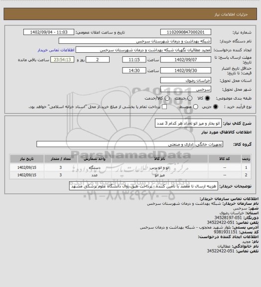 استعلام اتو بخار و میز اتو تعداد هر کدام 3 عدد