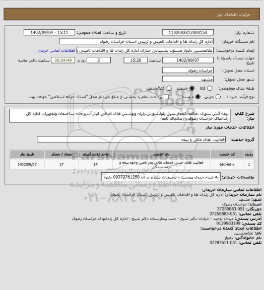 استعلام بیمه آتش سوزی ،صائقه،انفجار،سیل،بلوا،شورش،زلزله وپوشش های اضافی انبار،آشپزخانه،ساختمان وتجهیزات اداره کل زندانهای خراسان رضوی و زندانهای تابعه