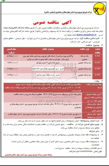مناقصه واگذاری بهره برداری از شبکه های توزیع و روشنایی معابر امور برق .....
