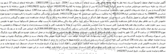 آگهی مزایده دستگاه خودرو سواری پژو tu3 206 هاچ بک
