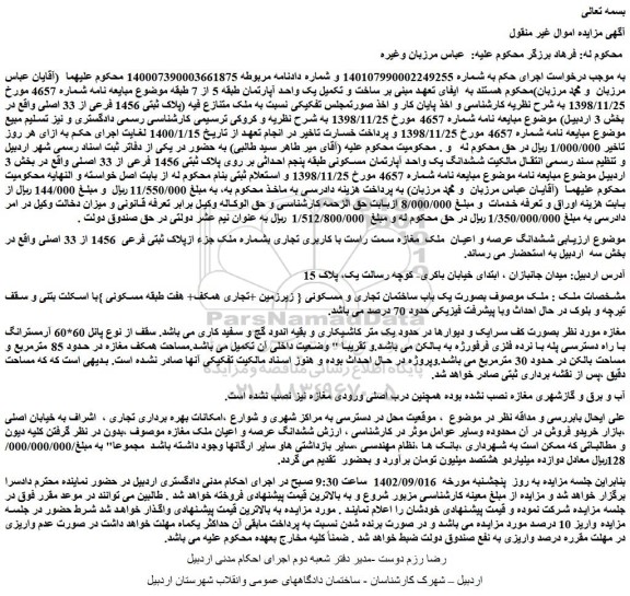 مزایده فروش ششدانگ عرصه و اعیان  ملک  مغازه سمت راست با کاربری تجاری