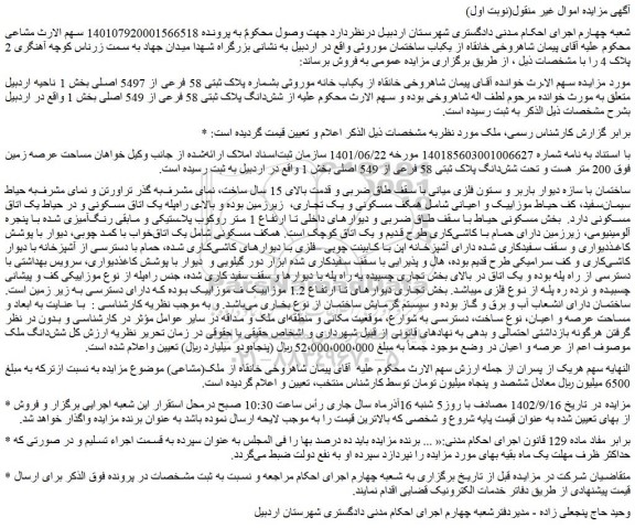 مزایده فروش شش دانگ پلاک ثبتی 58 فرعی از 549 اصلی