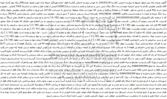 آگهی مزایده سه دانگ پلاک ثبتی سی و دو هزار و پانصد و شصت و یک(32561) فرعی از هفت هزار و پانصد و شانزده( 7516 )اصلی