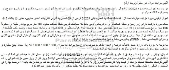 مزایده فروش 6 دانگ ملک به شماره ثبتی 20259 فرعی از 69 اصلی